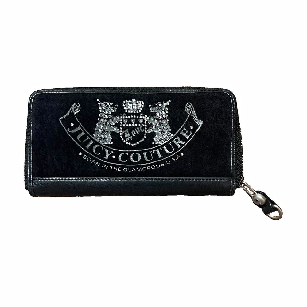 Juicy Couture Scottie Dog Zip Around Long Wallet Black Velour Vintage Y2K 2000s